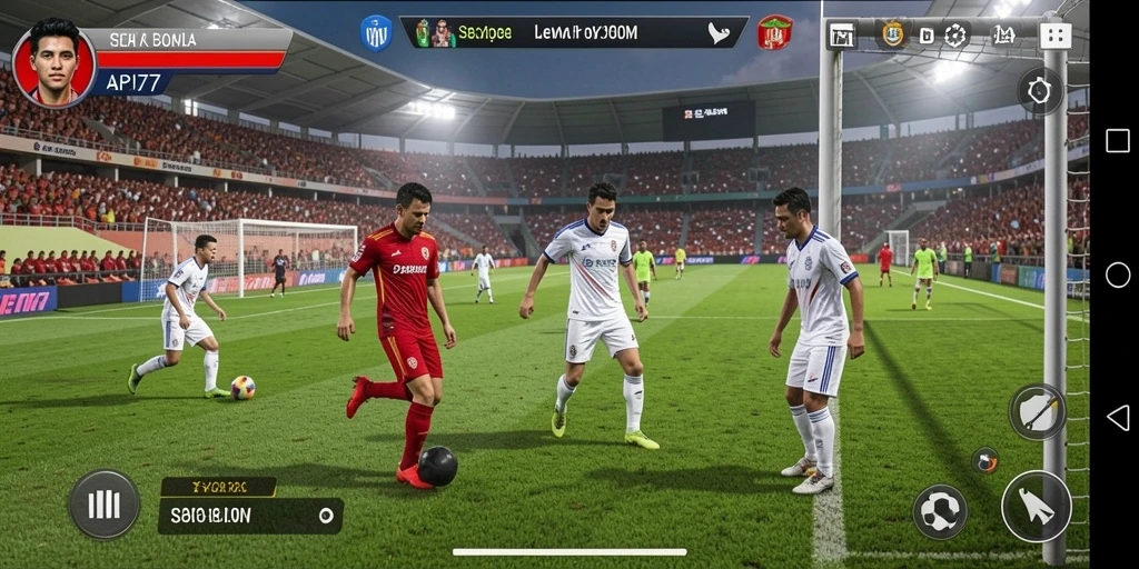 Screenshot gameplay API77 menunjukkan aksi seru pertandingan sepak bola.