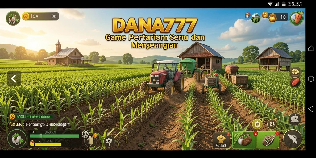Tangkapan layar utama DANA777 menampilkan gameplay bertani yang seru dan interaktif.