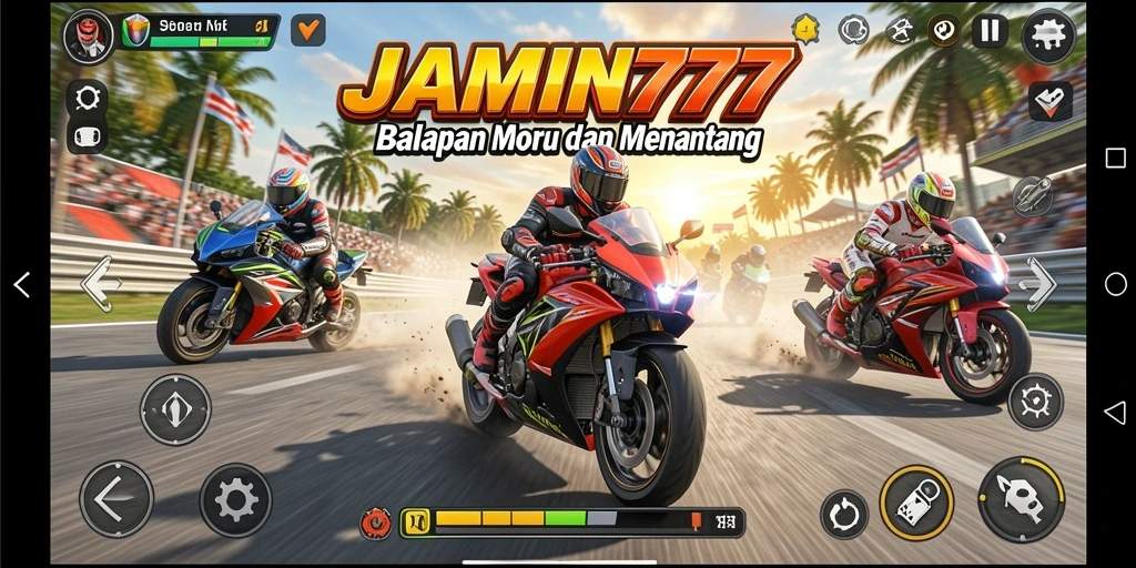 Screenshot gameplay JAMIN777 yang memperlihatkan balapan motor yang seru.