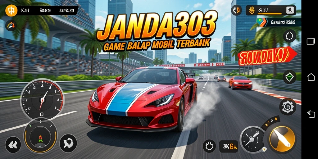 Tampilkan gameplay intens JANDA303 dengan mobil balap cepat.