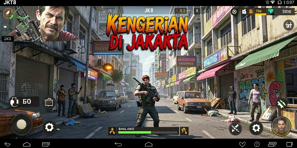 Screenshot utama JKT8 menampilkan atmosfer horor menegangkan dengan karakter yang terjebak.