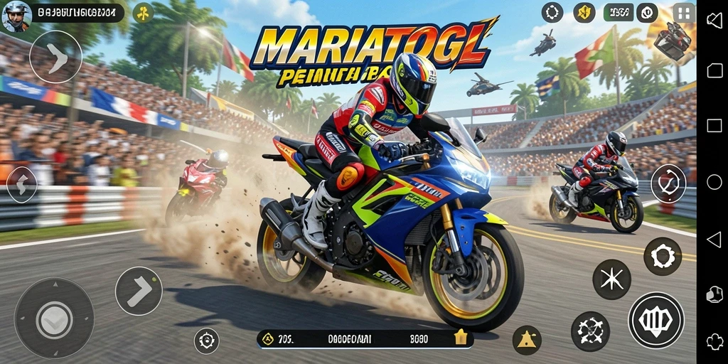 Screenshot gameplay MARIATOGL menampilkan balapan motor yang intens dan menegangkan.