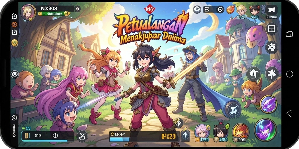 Screenshot gameplay NX303 menampilkan pertarungan karakter anime yang mendebarkan.