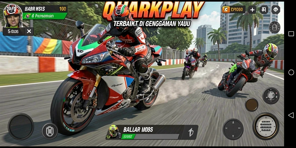 Screenshot gameplay <strong>QUARKPLAY</strong> menampilkan aksi balap motor yang mendebarkan.