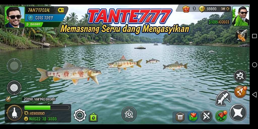 Tampilan gameplay TANTE777 yang menegangkan saat memancing ikan.