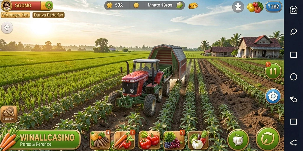 Screenshot utama WINALLCASINO menampilkan gameplay seru dalam bertani.