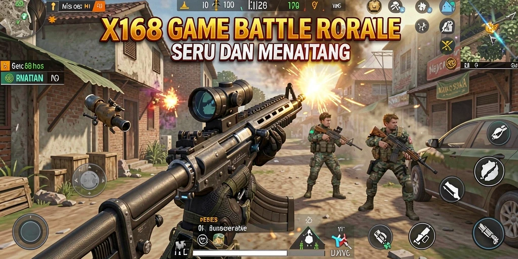 Screenshot gameplay X168 menampilkan pertempuran seru dalam game Battle Royale.